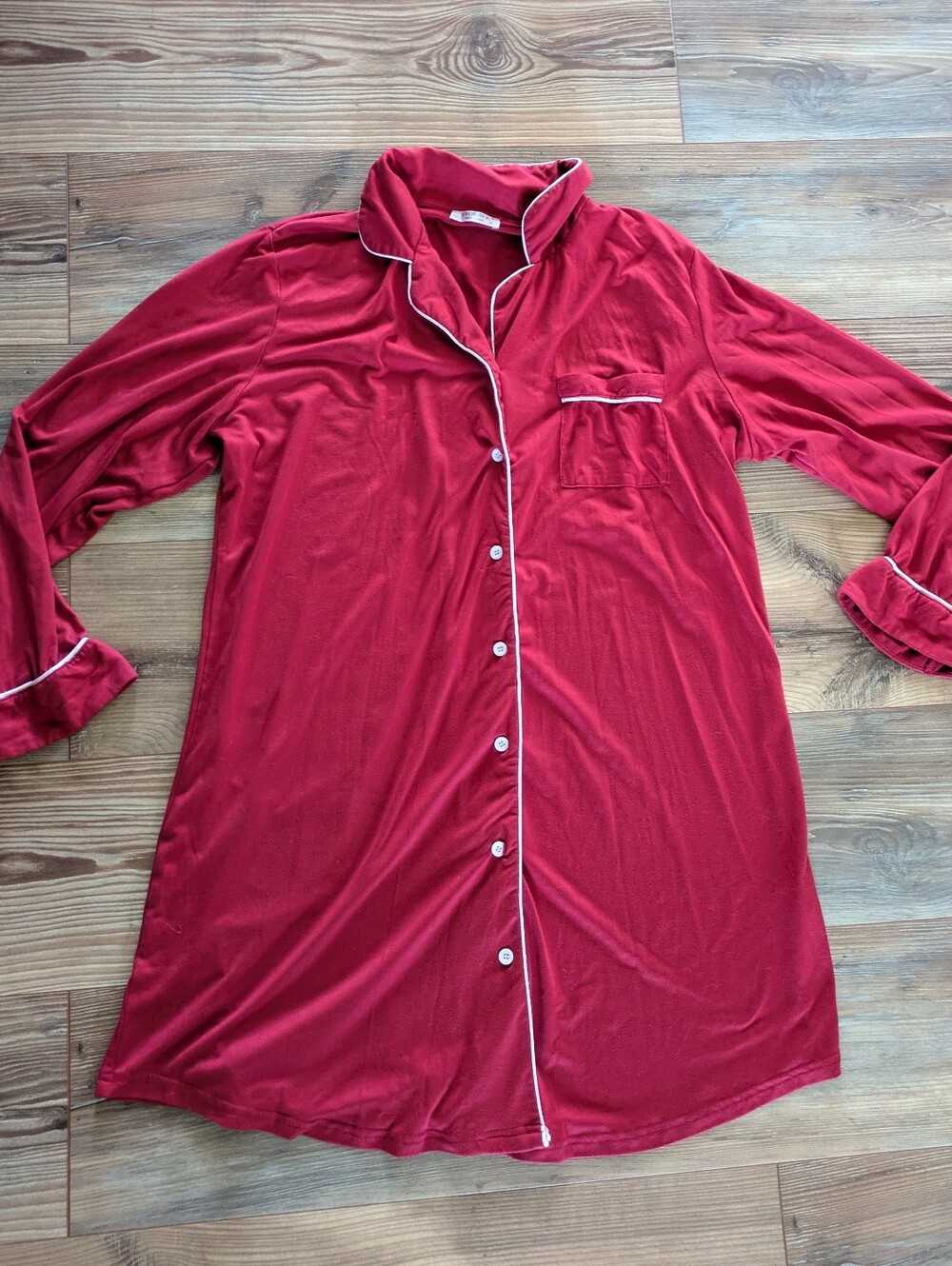 Ekouaer Red Long Sleeve Collared Pocketed Sleep Dress Nightgown XL